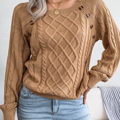 Women's Casual Square Neck Sweater - Smooth Acrylic Knit Fabric, Medium Stretch, Regular Length | Hand Wash or Professional Dry Clean | Button Detail
