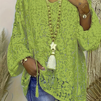 Plus Size Boho Blouse, Women's Plus Solid Lace Lantern Sleeve Tassel Trim V Neck Tunic Shirt Top