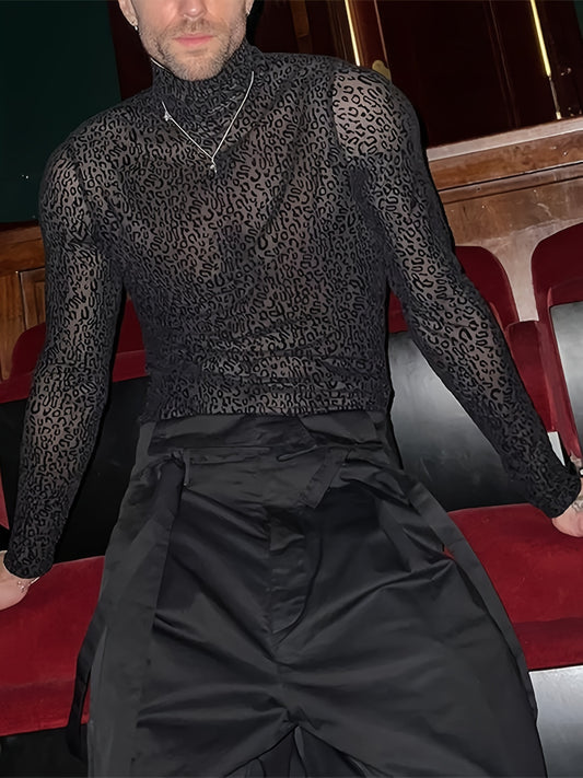 Mens O-neck Mesh Shirt Leopard Pattern See Through Blouse Party Sexy Shirt Pullover
