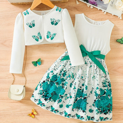 2pcs Little Girl Butterfly Dresses Outfit: Floral Tank Dress And Graphic Cardigan Top Set, For Cute And Casual Look, Kids Clothing Gift