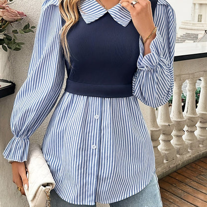 Striped Print Color Block Blouse, Elegant Long Sleeve Button Front Blouse For Spring & Fall, Women's Clothing