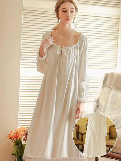 Luxurious Royal Court Style Long Sleeve Square Neck Lace Trim Lounge Dress - Soft Micro Elastic Polyester Knit Fabric, Solid Color, No Printing, Perfect for Spring, Summer, and Fall - Womens Comfortable Loungewear & Dresses f