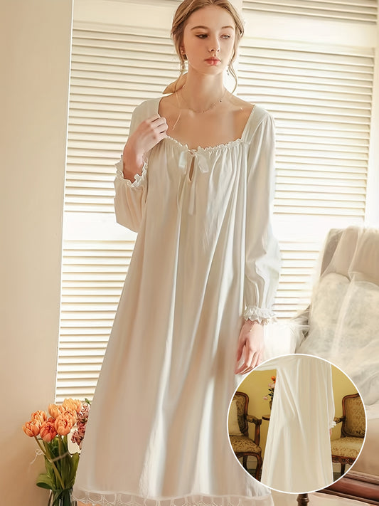 Luxurious Royal Court Style Long Sleeve Square Neck Lace Trim Lounge Dress - Soft Micro Elastic Polyester Knit Fabric, Solid Color, No Printing, Perfect for Spring, Summer, and Fall - Womens Comfortable Loungewear & Dresses f
