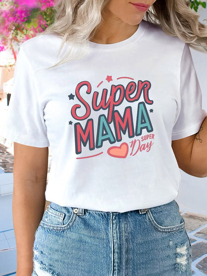 Super Mama Vintage T-Shirt - Mother's Day Casual Round Neck Short Sleeve Tee
