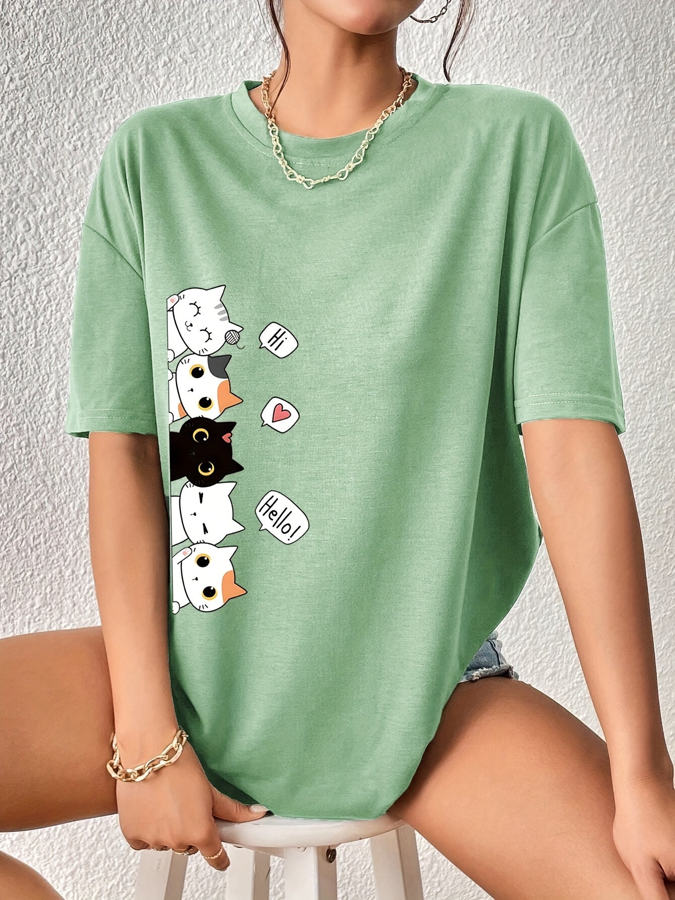 Whimsical Feline Tee - Classic Round Neck, Comfortable Short Sleeves, Versatile Sports Tee for Daily Wear or Athletic Activities - Ideal for Casual Womens Tops