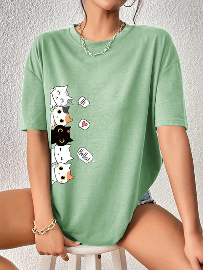 Whimsical Feline Tee - Classic Round Neck, Comfortable Short Sleeves, Versatile Sports Tee for Daily Wear or Athletic Activities - Ideal for Casual Womens Tops