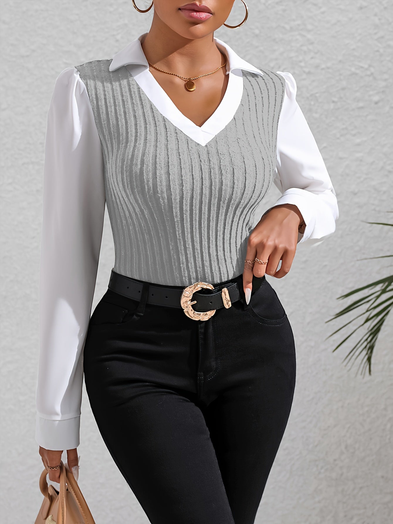 Color Block Faux Twinset Lapel Blouse, Casual Long Sleeve Blouse For Spring & Fall, Women's Clothing