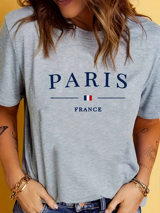 Women's PARIS Print T-Shirt, Casual Style Summer Top, Fashionable Short-Sleeve Sporty Tee
