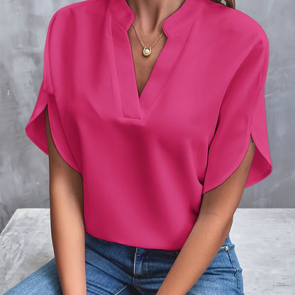 Solid Color Notch Neck Blouse, Casual Short Split Sleeve Blouse For Spring & Summer, Women's Clothing