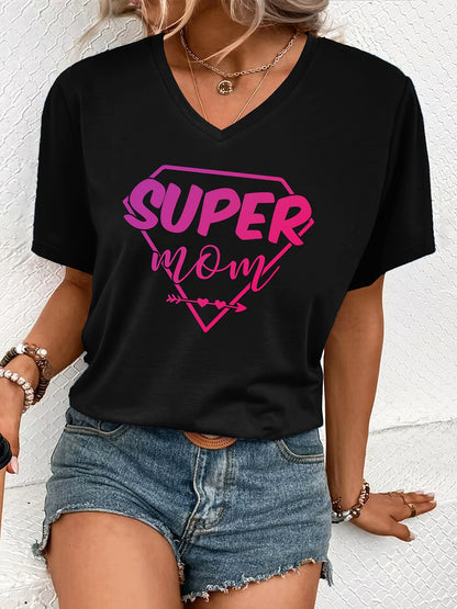 Super Mom Print Casual T-Shirt, V Neck Short Sleeves Versatile Top, Mother's Day Women's Comfy Tee