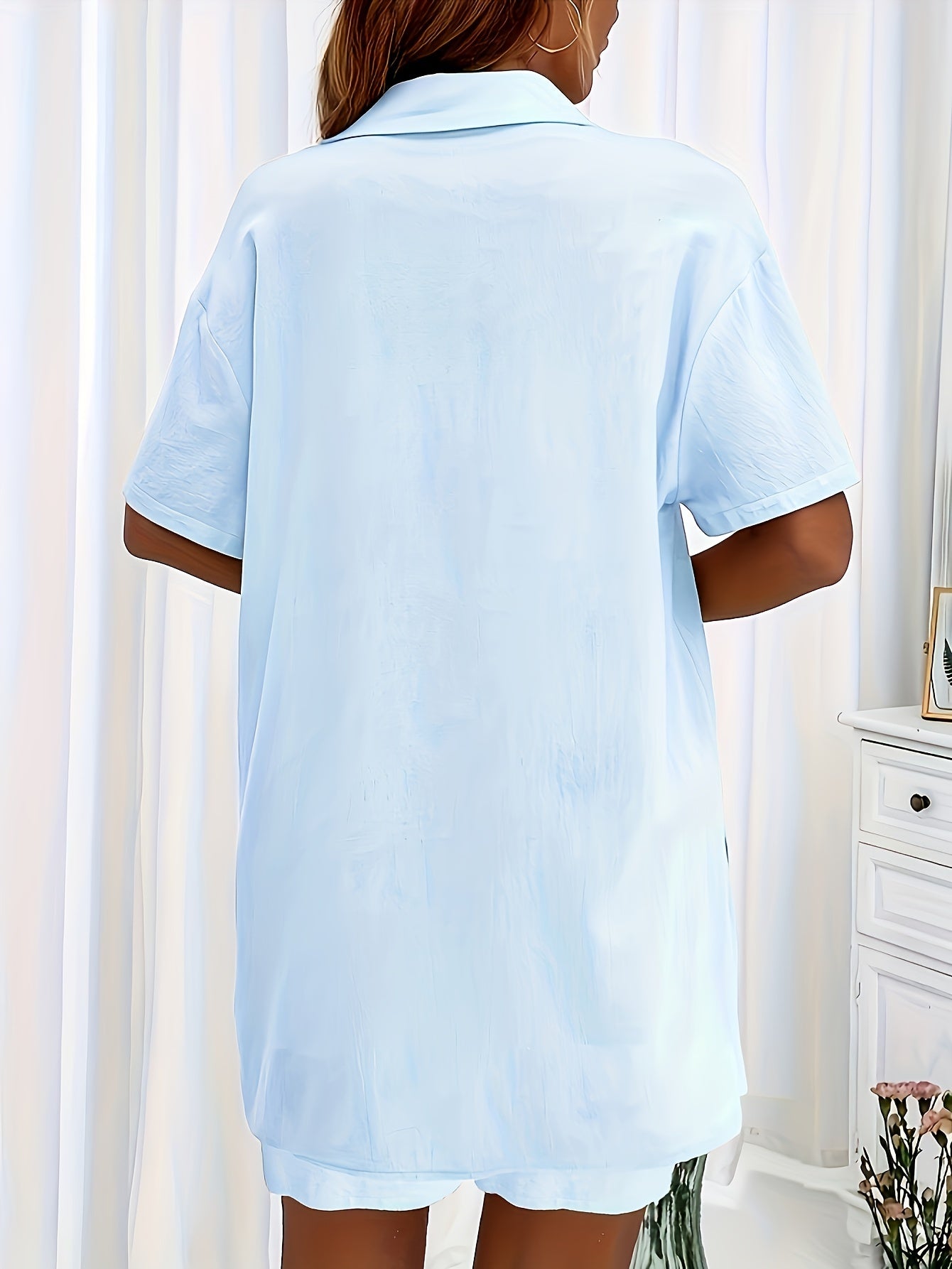 Casual Matching Two-piece Set, Short Sleeve Blouse & Drawstring Shorts Outfits, Women's Clothing