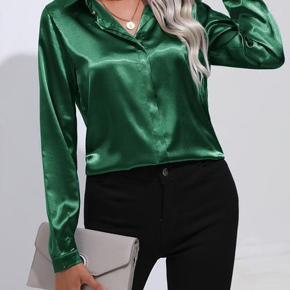 Solid Color Button Up Shirt, Elegant Long Sleeve Collared Blouse For Spring & Fall, Women's Clothing