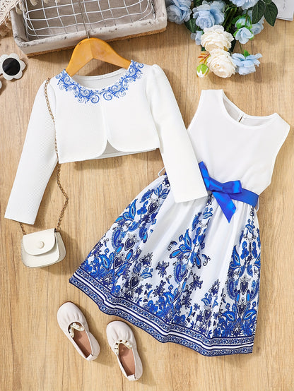 2pcs Little Girl Butterfly Dresses Outfit: Floral Tank Dress And Graphic Cardigan Top Set, For Cute And Casual Look, Kids Clothing Gift