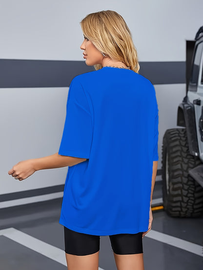 Round Neck Casual T-Shirt, Short Sleeves Loose Fit Basic Sports Tee, Women's Activewear