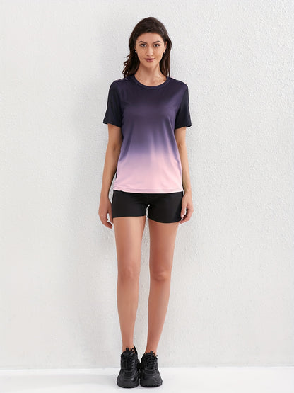 Women's Ombre Sports Tee, Gradient Shades, Casual Athletic T-Shirt, Short-Sleeve, Quick Dry, Breathable Fabric, Gym Wear, Running Top