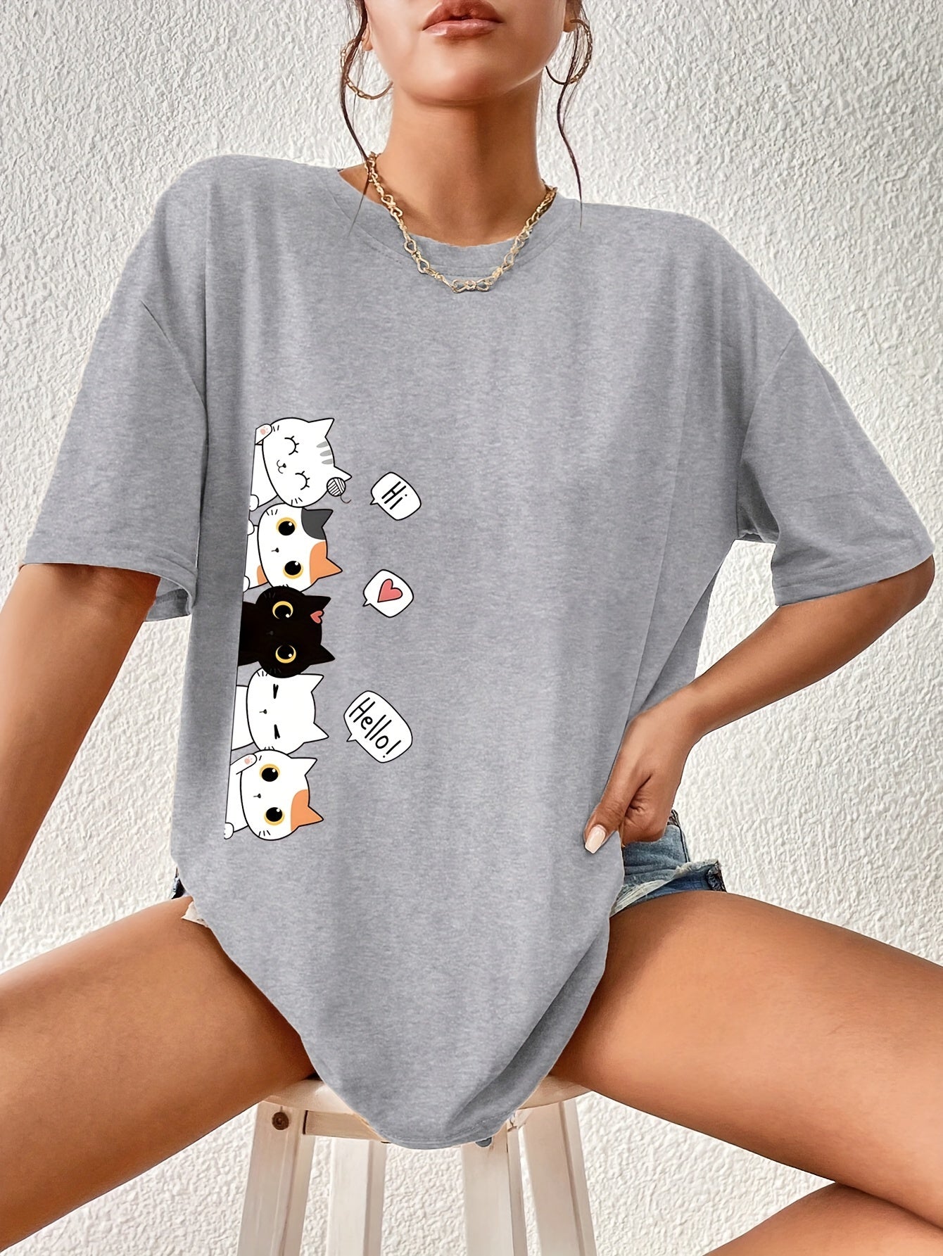 Whimsical Feline Tee - Classic Round Neck, Comfortable Short Sleeves, Versatile Sports Tee for Daily Wear or Athletic Activities - Ideal for Casual Womens Tops