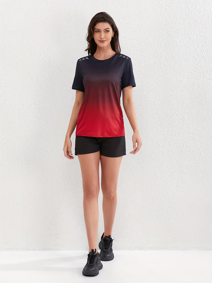 Women's Ombre Sports Tee, Gradient Shades, Casual Athletic T-Shirt, Short-Sleeve, Quick Dry, Breathable Fabric, Gym Wear, Running Top