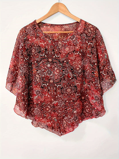 Floral Print Semi-sheer Blouse, Elegant Batwing Sleeve Irregular Hem Top For Spring & Summer, Women's Clothing