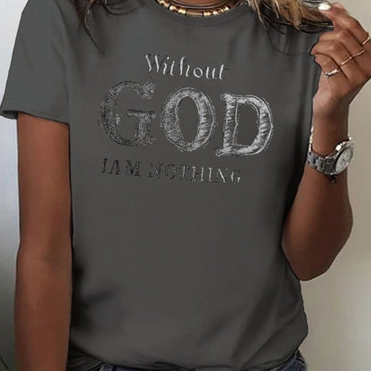 Chic Typographic Womens Tee - Comfy Cotton Crew Neck, Versatile Casual Spring & Summer Top