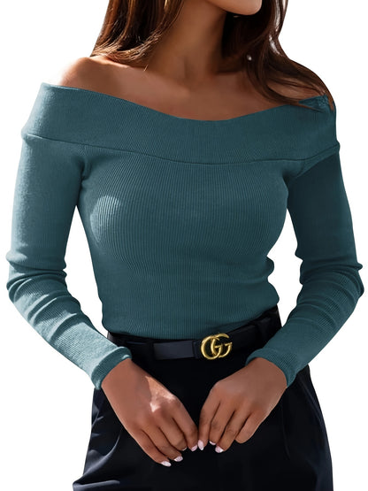 Long Sleeve Off The Shoulder Elegant Slim Fitted Womens Tops Tees Shirts Blouses