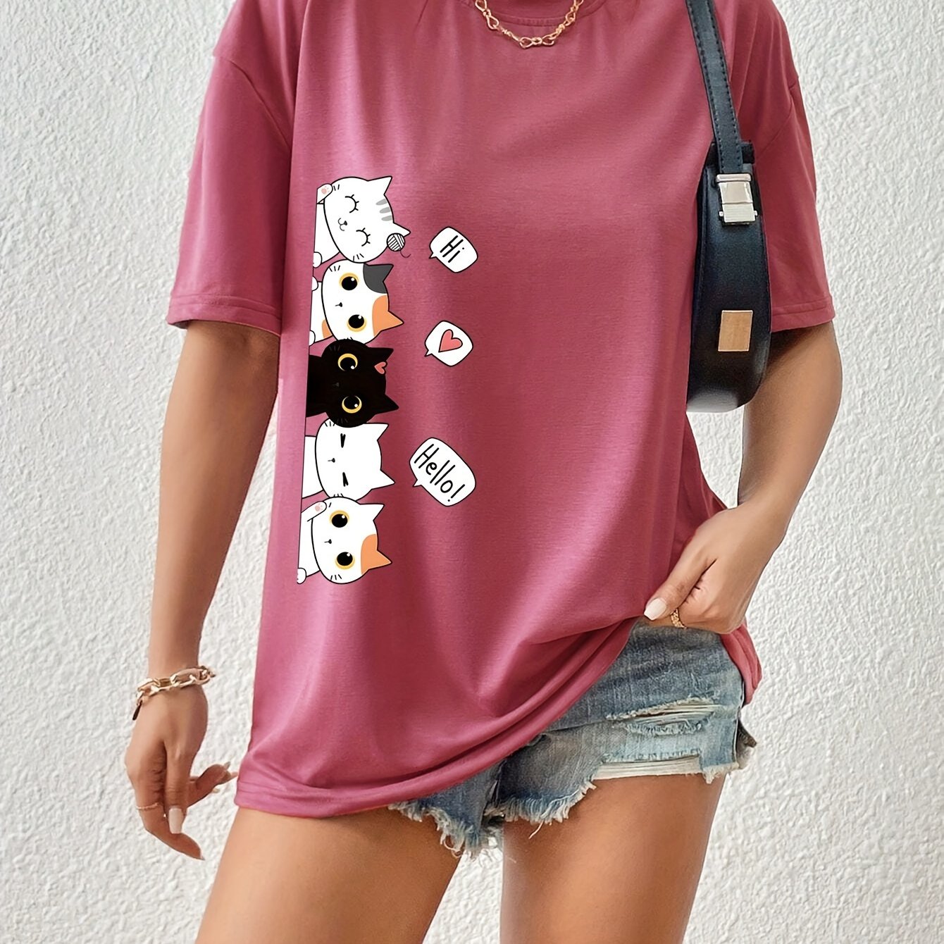 Whimsical Feline Tee - Classic Round Neck, Comfortable Short Sleeves, Versatile Sports Tee for Daily Wear or Athletic Activities - Ideal for Casual Womens Tops