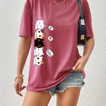 Whimsical Feline Tee - Classic Round Neck, Comfortable Short Sleeves, Versatile Sports Tee for Daily Wear or Athletic Activities - Ideal for Casual Womens Tops