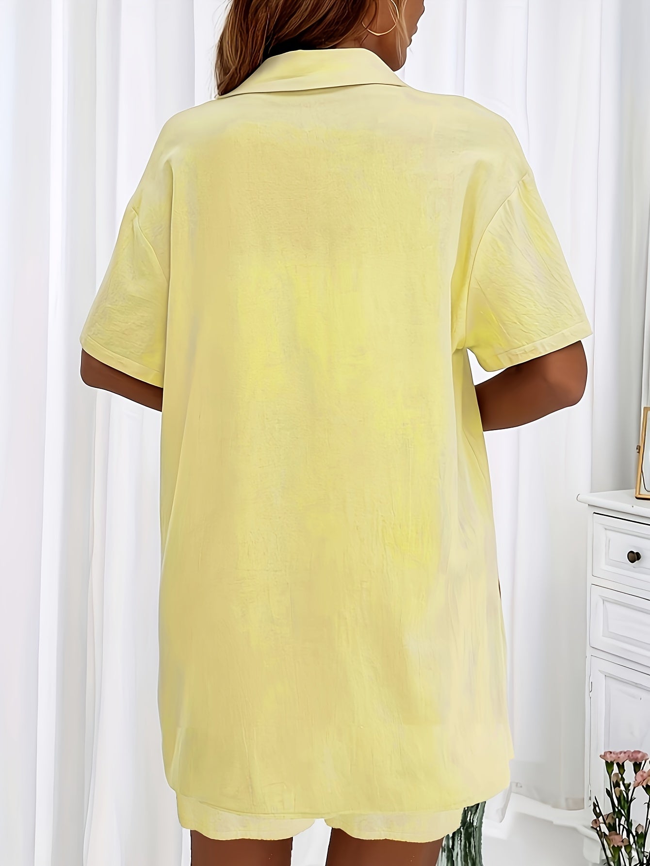 Casual Matching Two-piece Set, Short Sleeve Blouse & Drawstring Shorts Outfits, Women's Clothing
