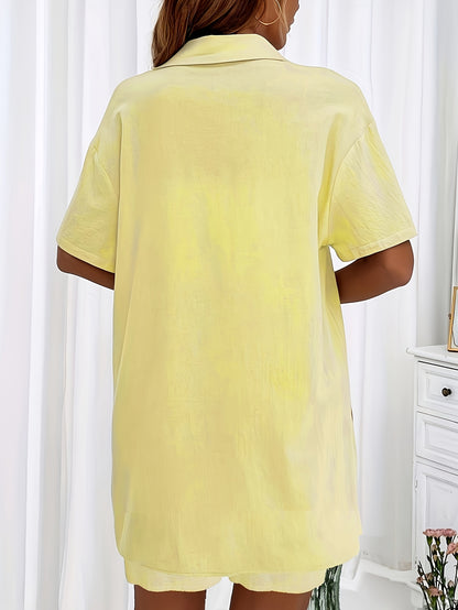 Casual Matching Two-piece Set, Short Sleeve Blouse & Drawstring Shorts Outfits, Women's Clothing