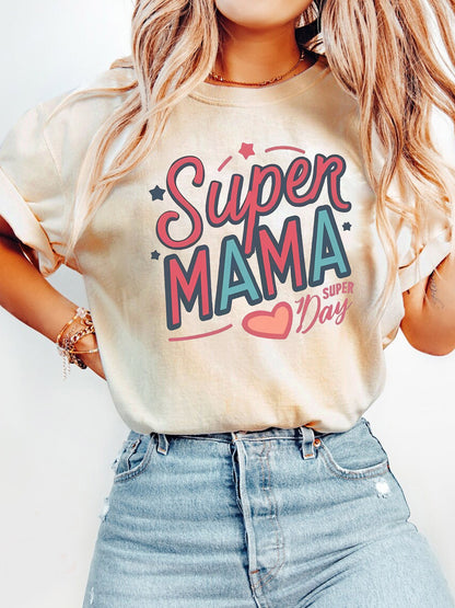 Super Mama Vintage T-Shirt - Mother's Day Casual Round Neck Short Sleeve Tee