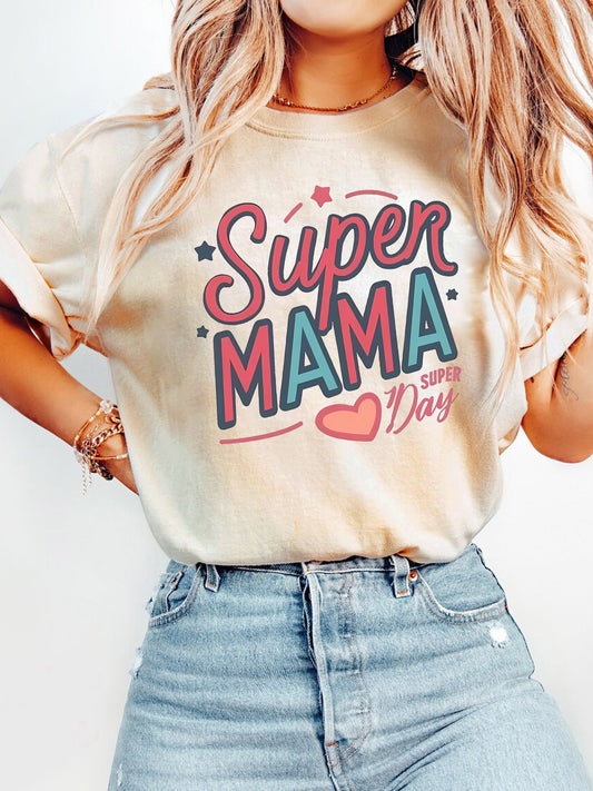 Super Mama Vintage T-Shirt - Mother's Day Casual Round Neck Short Sleeve Tee