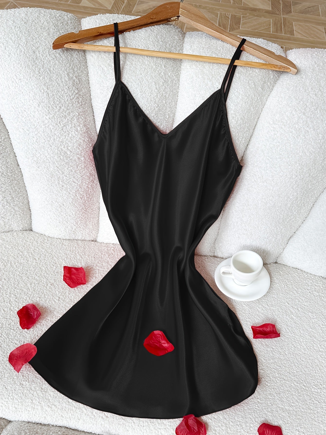 Simple Solid Satin Nightdress, Elegant V-neck Side Split Spaghetti Strap Sleep Dress, Women's Sleepwear & Dresses