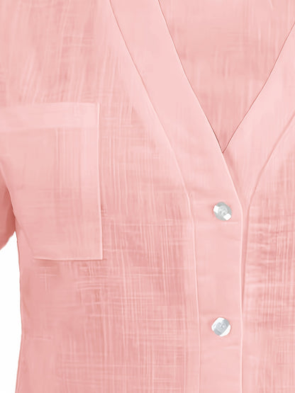 Women's Casual Blouse - Soft Pink Everyday shirt, Button-Front Placket, Non-Stretch Fabric for Office, Brunch, Lounge - Machine Washable All-Season Women's Blouse, Office Attire, Textured Fabric, Comfortable Wear, Versatile T