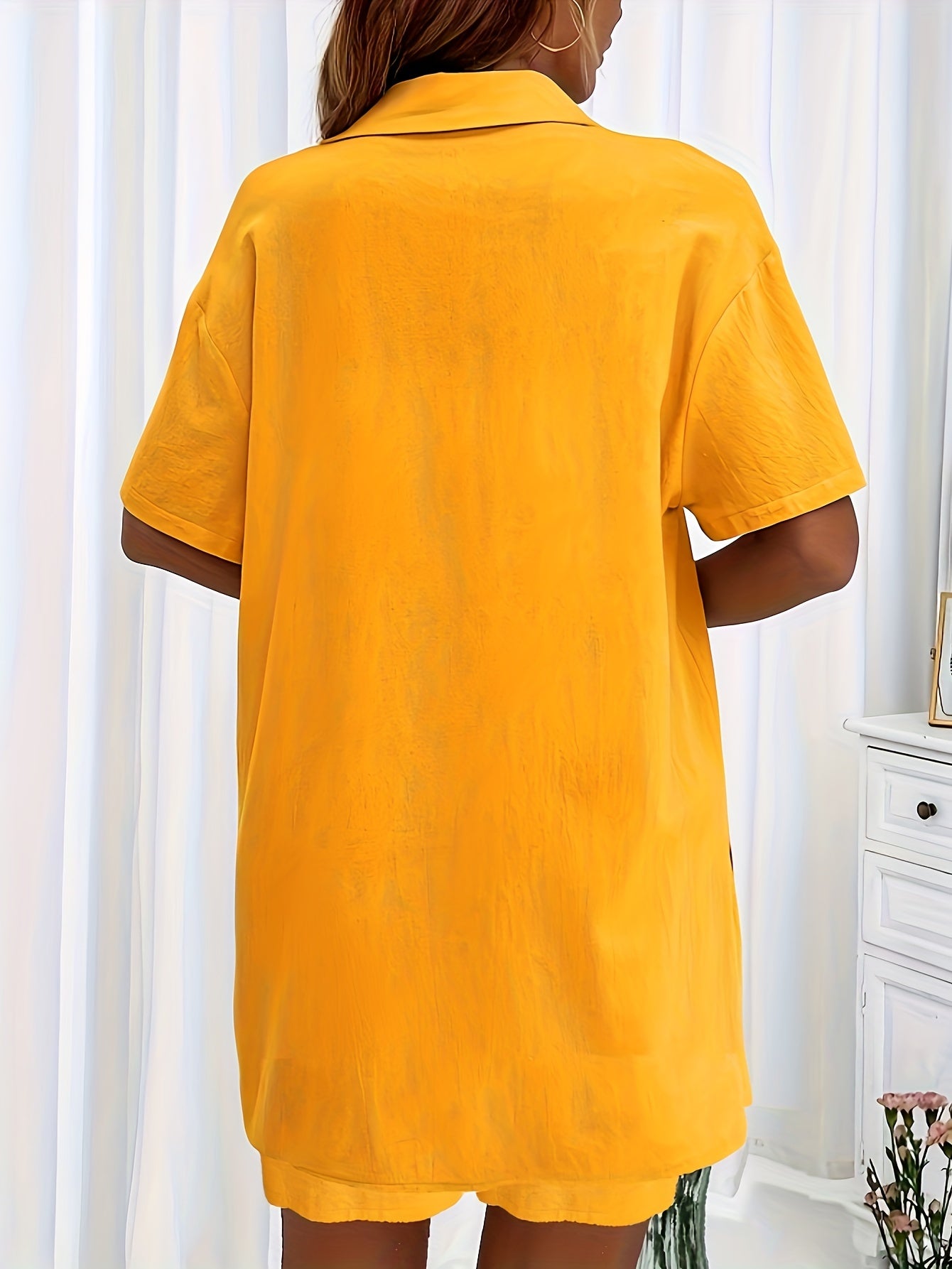 Casual Matching Two-piece Set, Short Sleeve Blouse & Drawstring Shorts Outfits, Women's Clothing