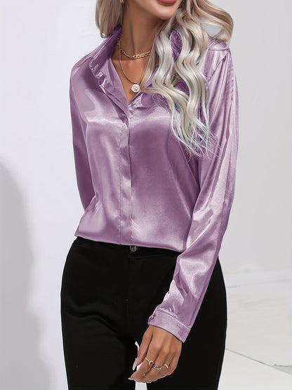 Solid Color Button Up Shirt, Elegant Long Sleeve Collared Blouse For Spring & Fall, Women's Clothing