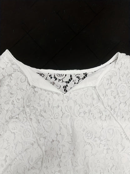 Plus Size Boho Blouse, Women's Plus Solid Lace Lantern Sleeve Tassel Trim V Neck Tunic Shirt Top