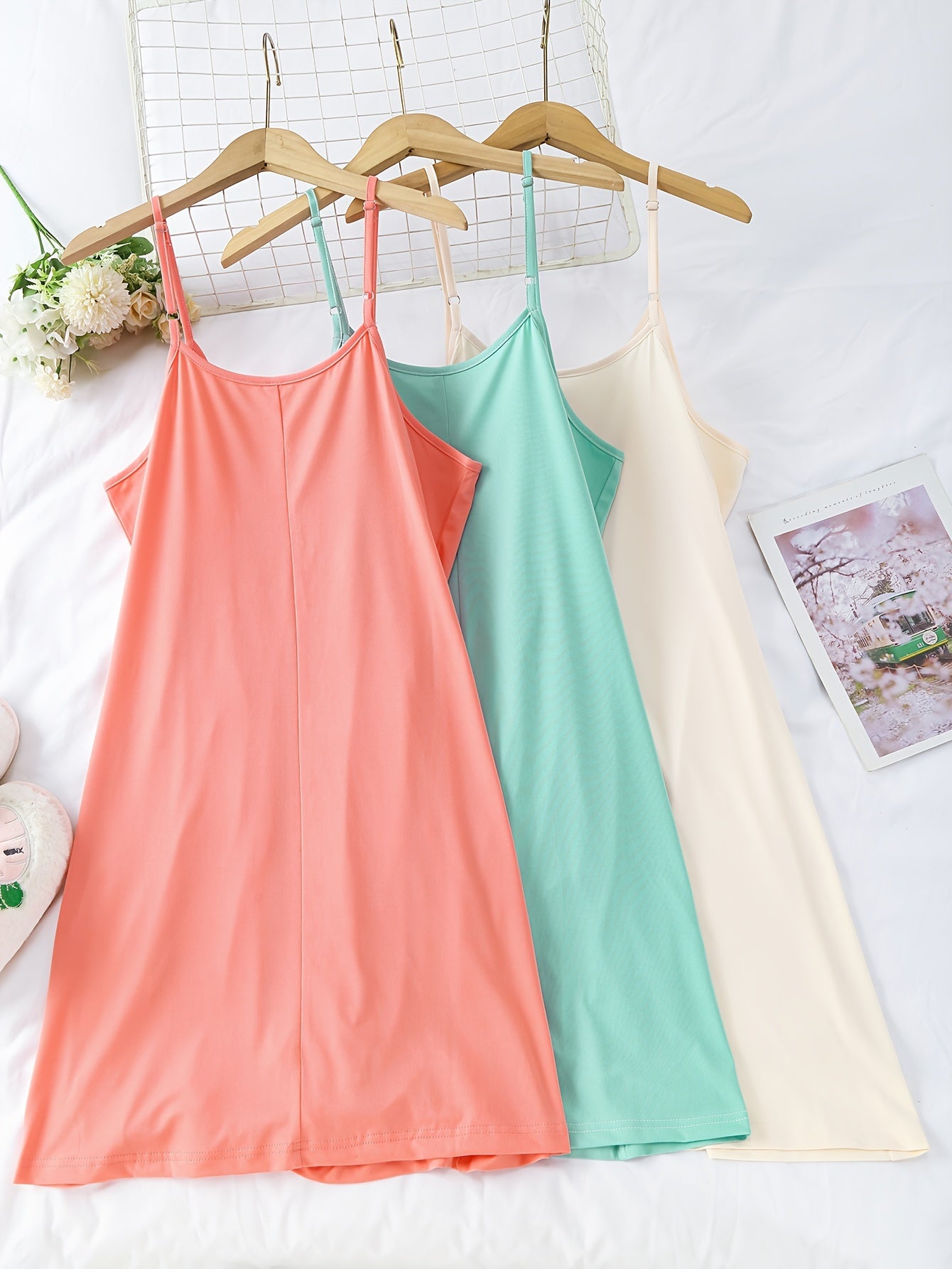 3 Pack Plus Size Cozy Nightdress Set - Women's Solid Plain Round Neck Cami Sleep Dresses with Three Piece Set, Soft Fabric, Comfortable Wear, and Relaxing Sleep Experience