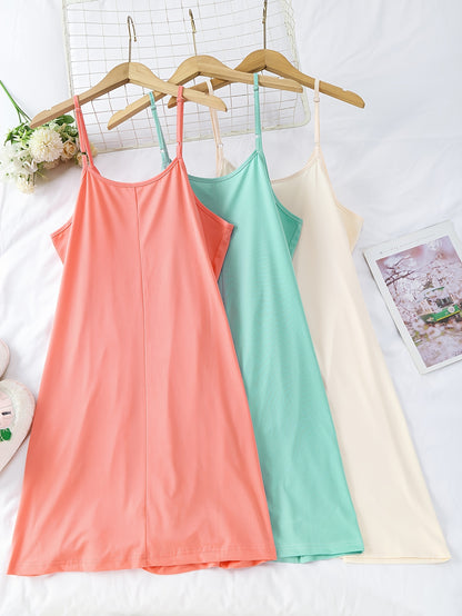 3 Pack Plus Size Cozy Nightdress Set - Women's Solid Plain Round Neck Cami Sleep Dresses with Three Piece Set, Soft Fabric, Comfortable Wear, and Relaxing Sleep Experience