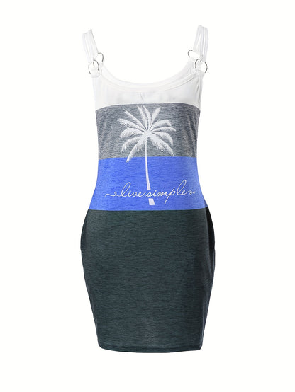 Vibrant Color Block Coconut Tree Print Cami Dress - Women's Casual Spaghetti Strap Dresses for Summer - Relaxed Fit, V-Neck, Short Sleeve, Above Knee Length, Easy Wear