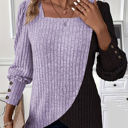Women'S Casual Square Neck Long Sleeve Top, Asymmetrical Solid Color Knit Polyester Blouse with Spandex, Fashionable Spring/Fall Outerwear, 230gsm Fabric Weight