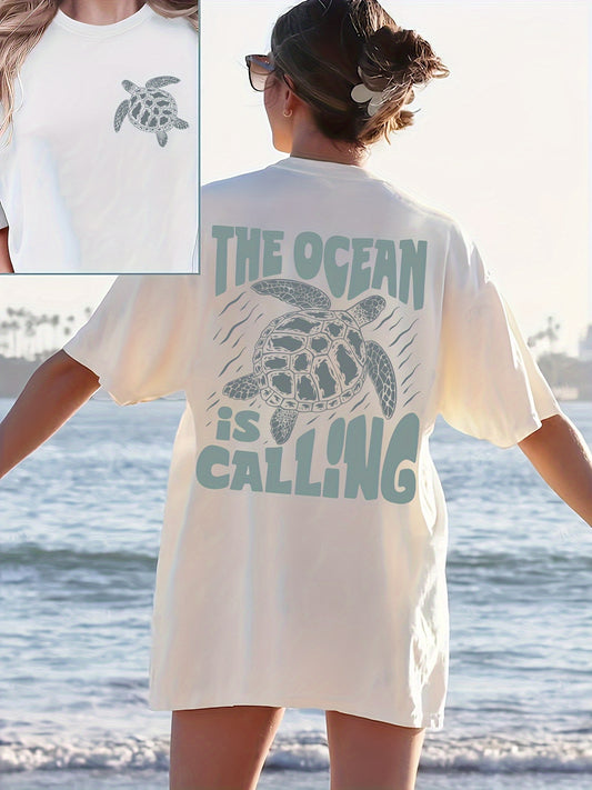 Vibrant Turtle & Letter Print Crew Neck Tee - Soft, Breathable Polyester Blend, Short Sleeve, Machine Washable, Perfect for Spring and Summer Casual Wear
