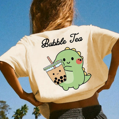 Cartoon Frog With Bubble Tea Graphic Print Creative T-Shirts, Soft & Elastic Comfy Crew Neck Short Sleeve Tee, Girls' Summer Tops, Suitable For Daily Wear
