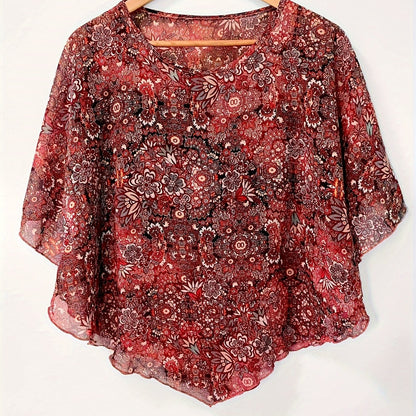 Floral Print Semi-sheer Blouse, Elegant Batwing Sleeve Irregular Hem Top For Spring & Summer, Women's Clothing
