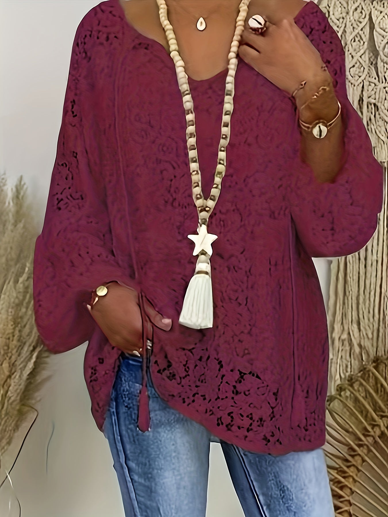 Plus Size Boho Blouse, Women's Plus Solid Lace Lantern Sleeve Tassel Trim V Neck Tunic Shirt Top