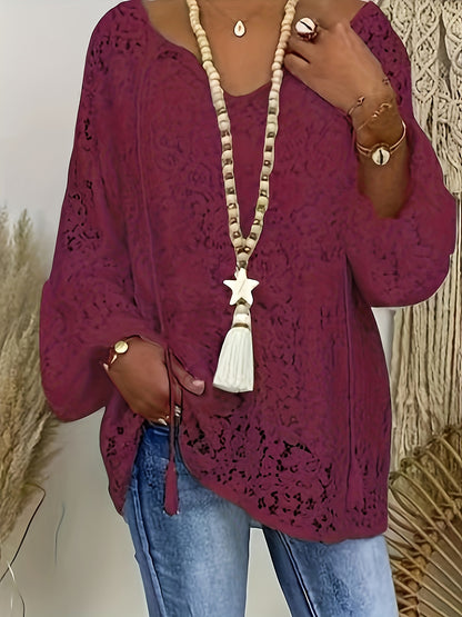 Plus Size Boho Blouse, Women's Plus Solid Lace Lantern Sleeve Tassel Trim V Neck Tunic Shirt Top
