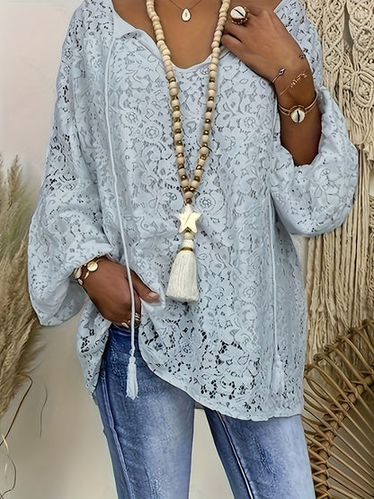 Plus Size Boho Blouse, Women's Plus Solid Lace Lantern Sleeve Tassel Trim V Neck Tunic Shirt Top