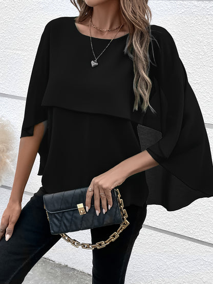 Solid Layered Cloak Sleeve Blouse, Versatile Crew Neck Blouse For Spring & Fall, Women's Clothing