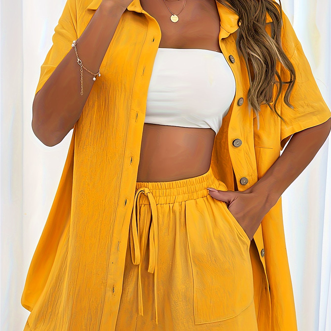 Casual Matching Two-piece Set, Short Sleeve Blouse & Drawstring Shorts Outfits, Women's Clothing