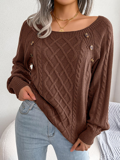 Women's Casual Square Neck Sweater - Smooth Acrylic Knit Fabric, Medium Stretch, Regular Length | Hand Wash or Professional Dry Clean | Button Detail