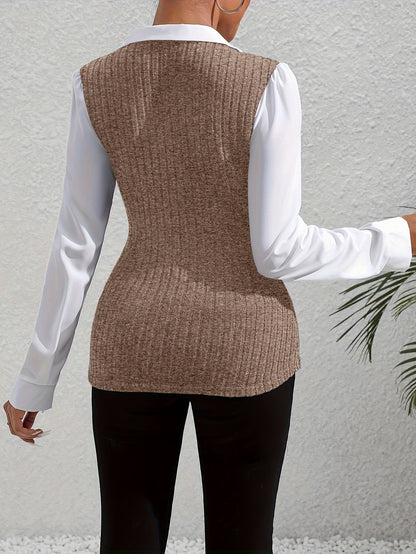 Color Block Faux Twinset Lapel Blouse, Casual Long Sleeve Blouse For Spring & Fall, Women's Clothing