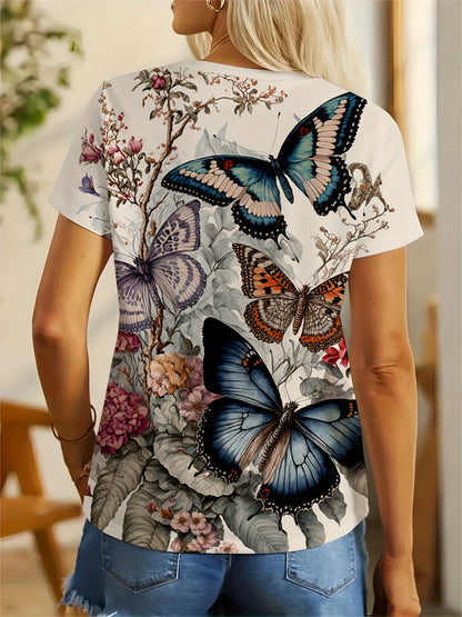 Women's Casual Butterfly Print T-shirt, 3D Printed Short Sleeve Top, Fashionable Crew Neck Tee for Daily Wear